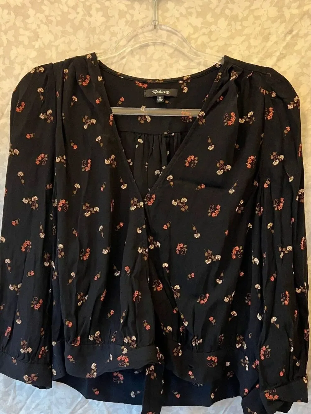 70s Boho Floral Wrap Blouse Tie Waist Puff Sleeve Madewell Medium